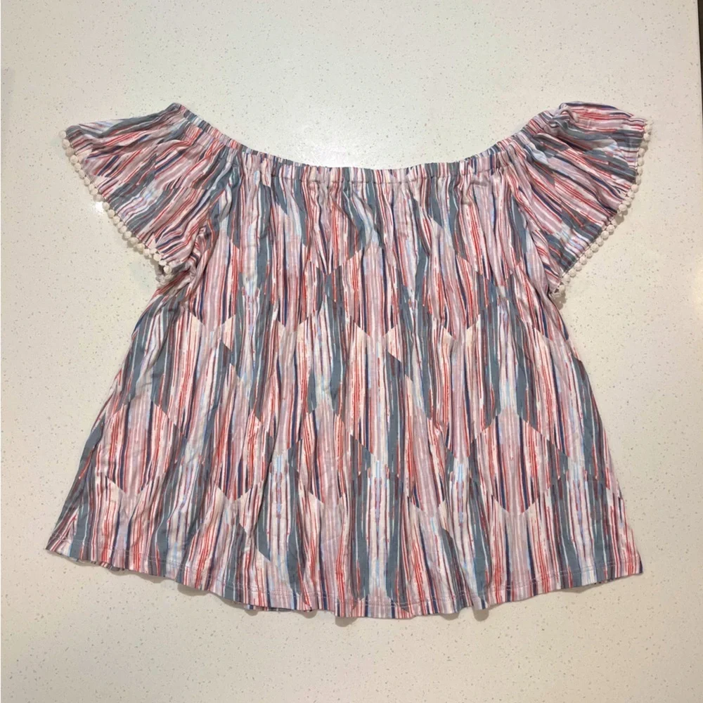 LUSH | Off the Shoulder Striped & Embroidered Pom Poms Blouse Size Large - Picture 2 of 5